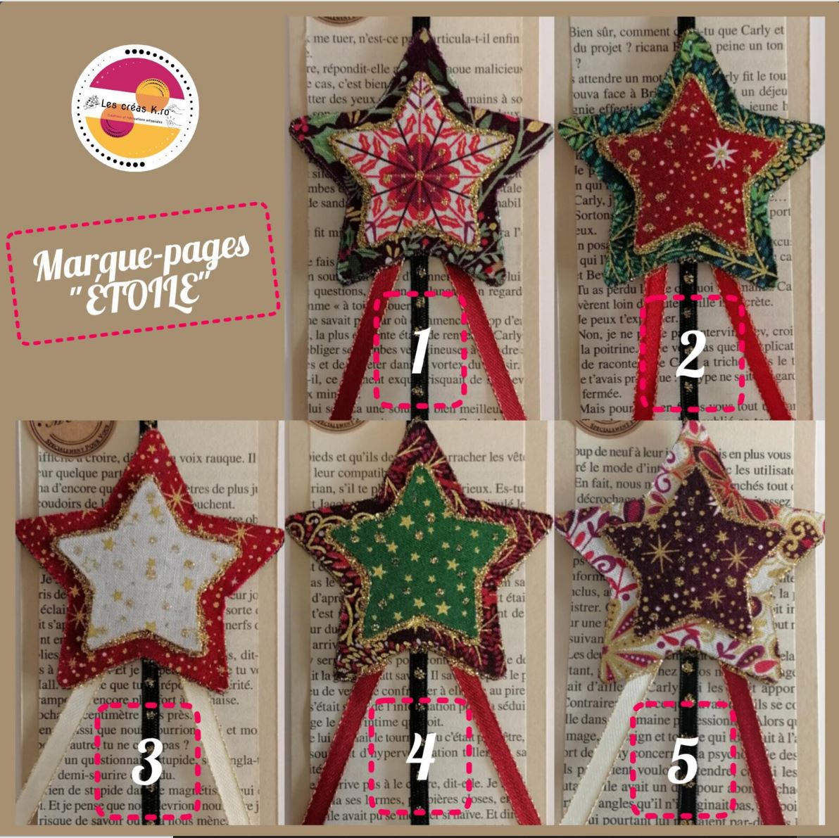 Marque-pages élastique Étoiles de Noël en tissu.