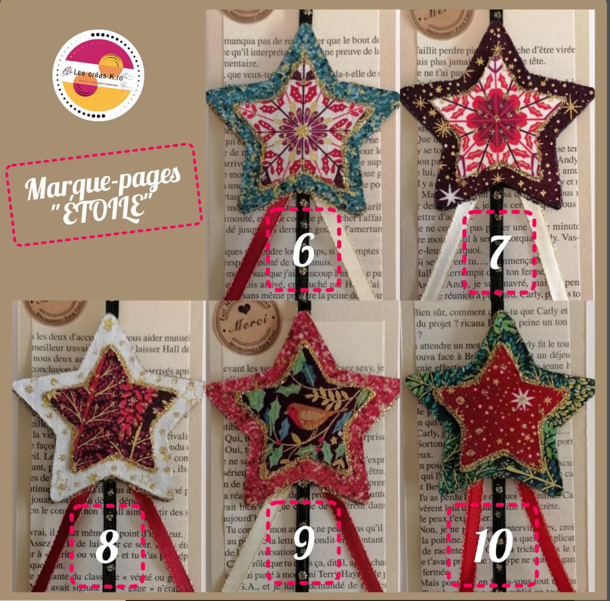 Marque-pages élastique Étoiles de Noël en tissu.