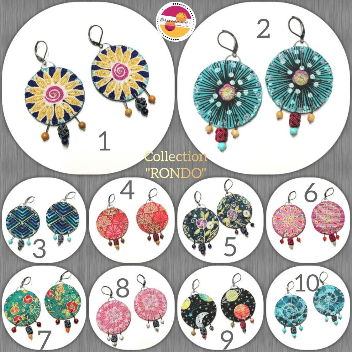 Boucles d’oreilles rondes pendantes en tissu et perles de minéraux - collection RONDO