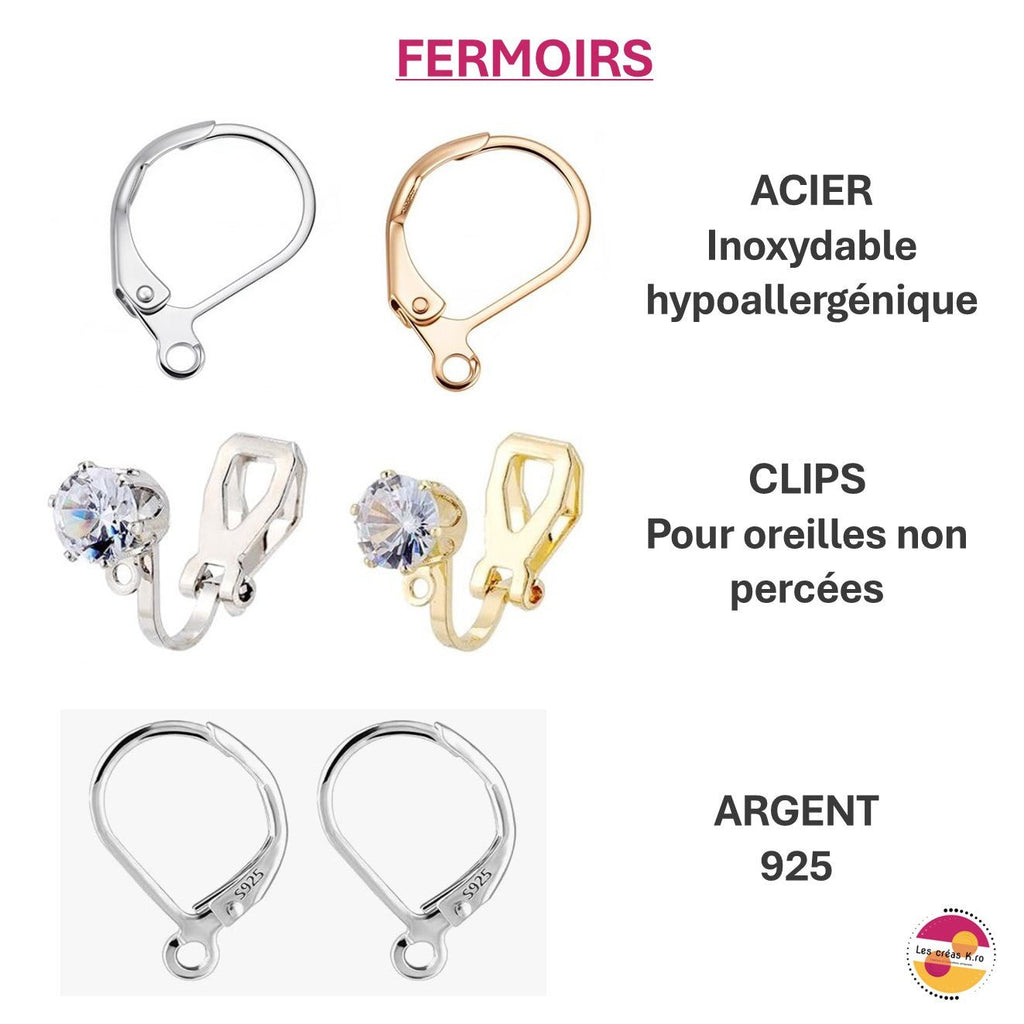 Fermoirs dormeuses et clips pour boucles d'oreilles - acier inoxydable hypoallergénique argenté et doré, clips strass pour oreilles non percées, fermoirs argent 925