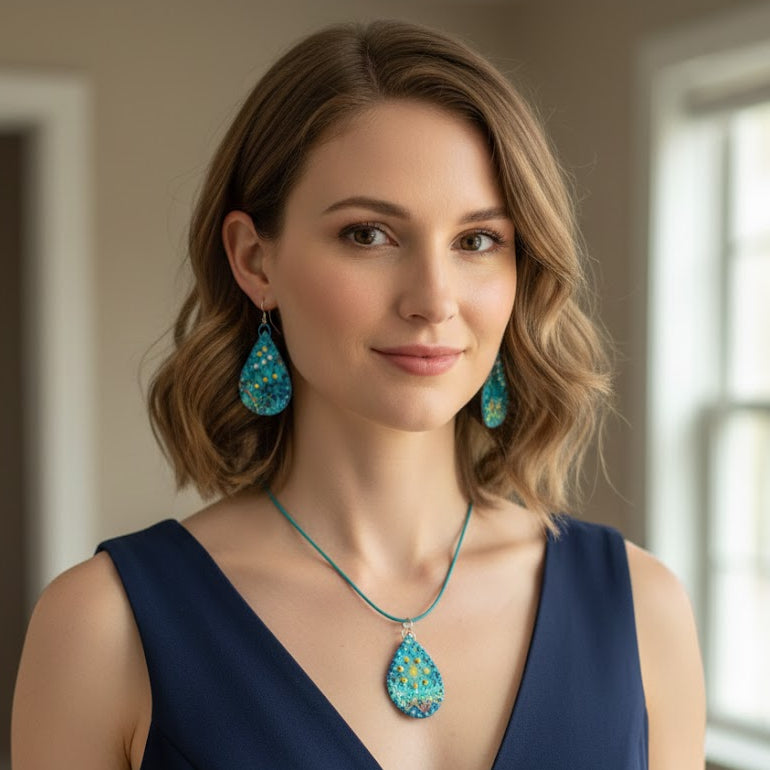 Parure de Bijoux en tissu Personnalisable – Duo pendentif & Boucles d’Oreilles