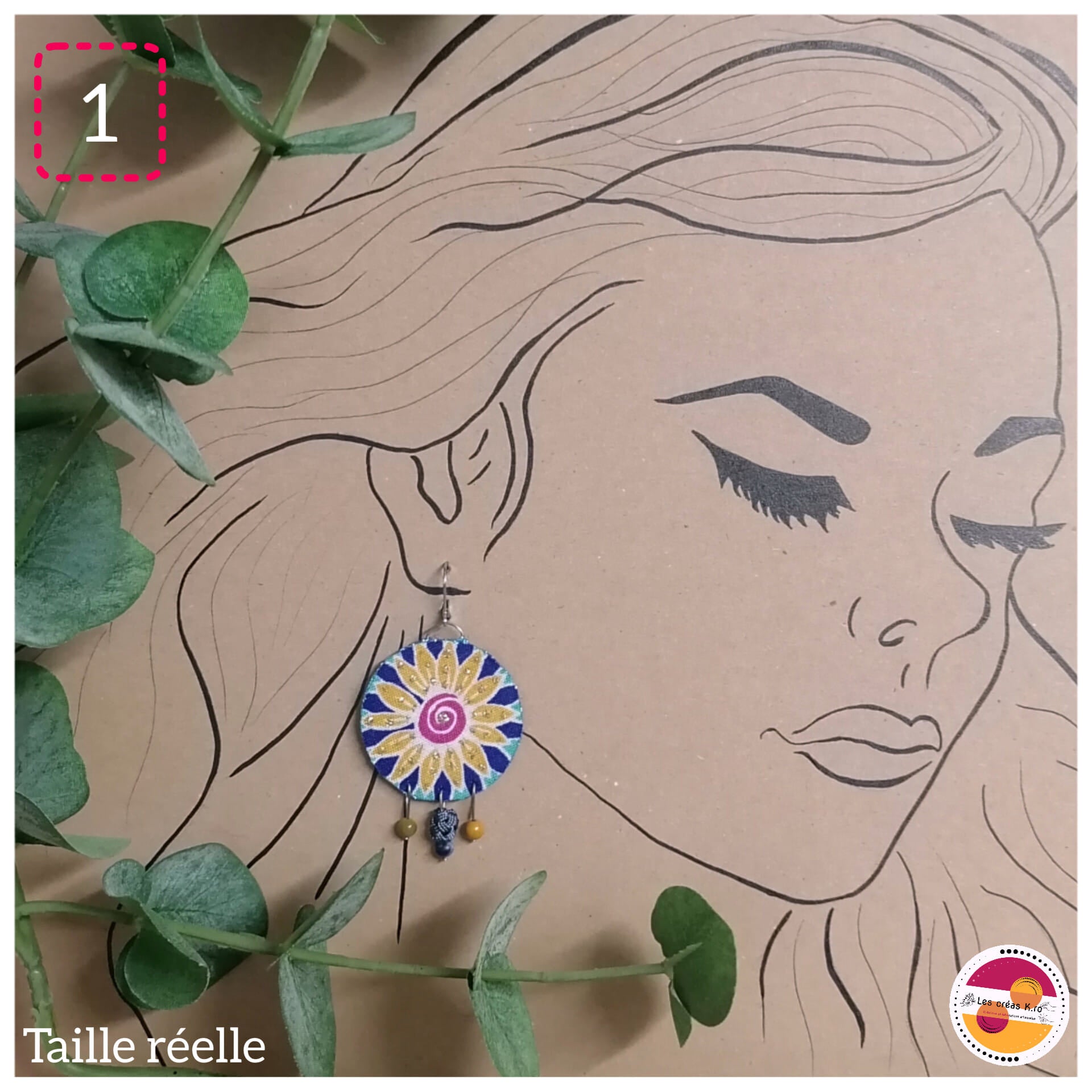 Boucles d’oreilles rondes pendantes en tissu et perles de minéraux - collection RONDO