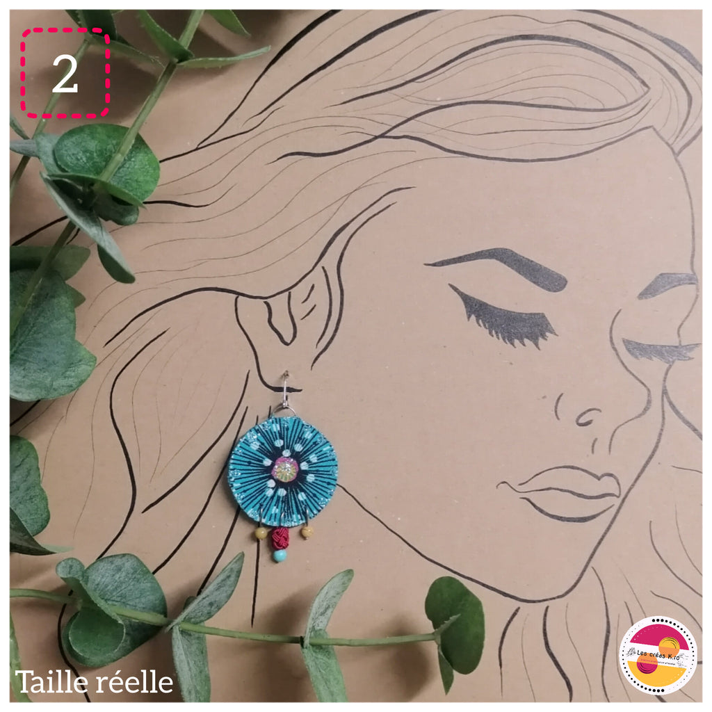 Boucles d’oreilles rondes pendantes en tissu et perles de minéraux - collection RONDO