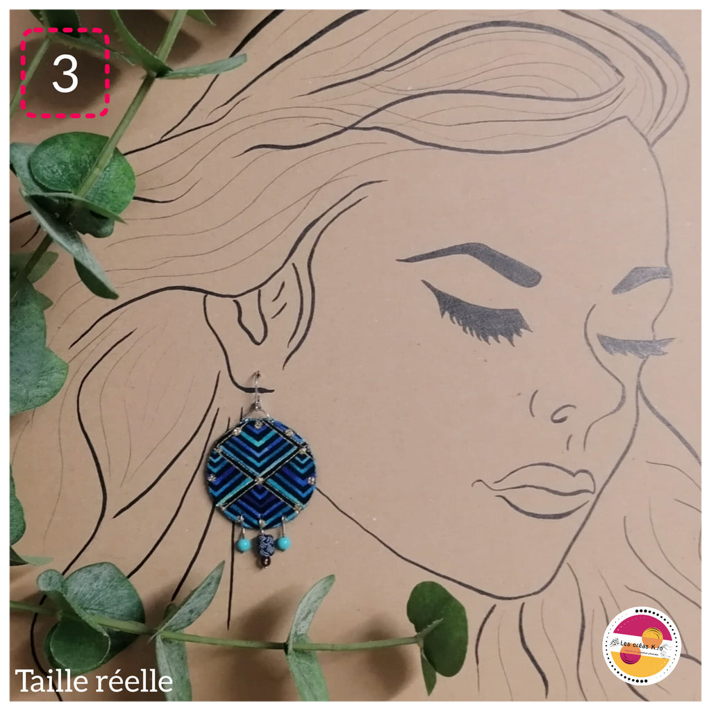 Boucles d’oreilles rondes pendantes en tissu et perles de minéraux - collection RONDO