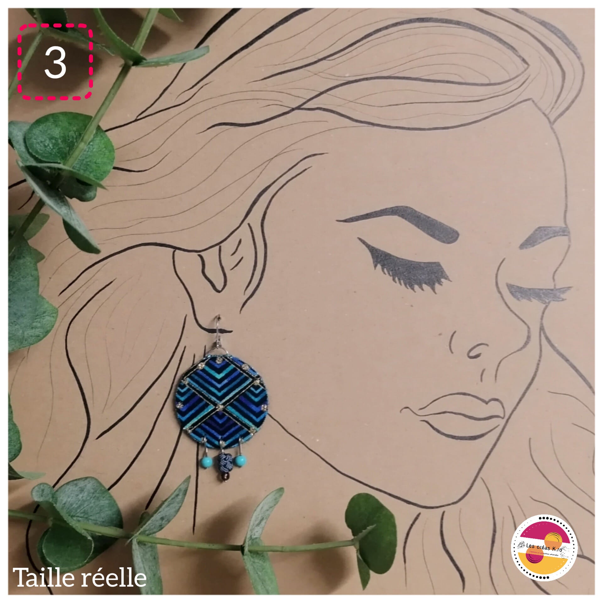 Boucles d’oreilles rondes pendantes en tissu et perles de minéraux - collection RONDO