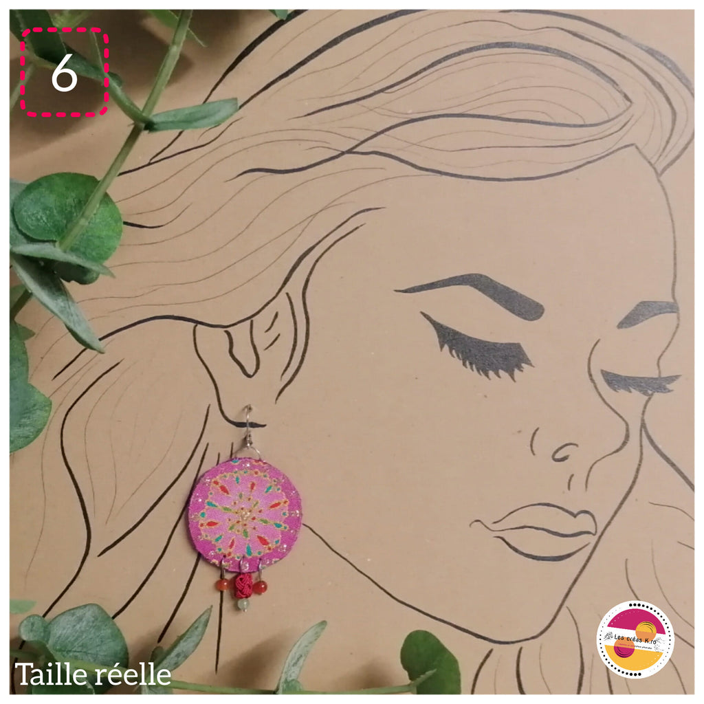 Boucles d’oreilles rondes pendantes en tissu et perles de minéraux - collection RONDO