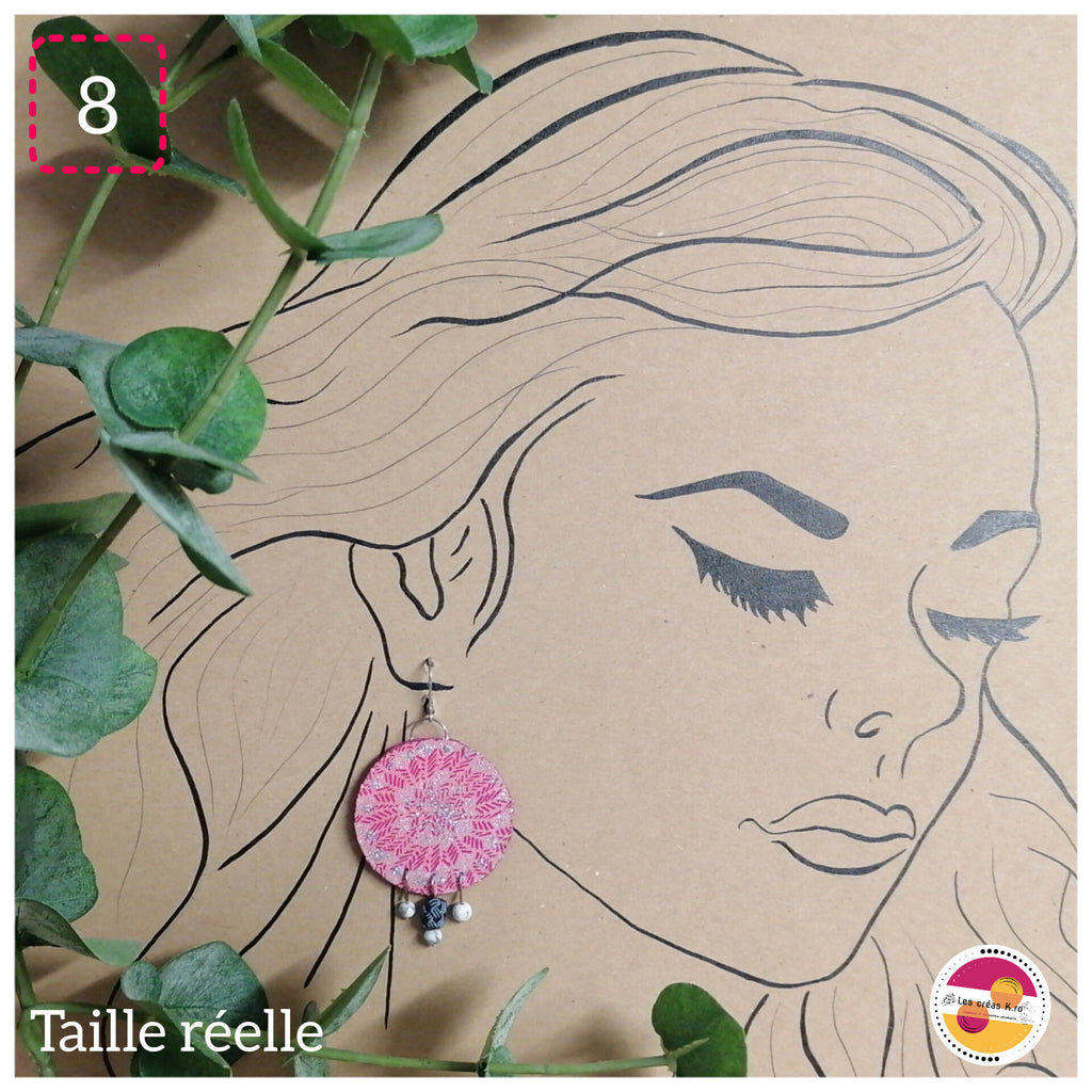 Boucles d’oreilles rondes pendantes en tissu et perles de minéraux - collection RONDO