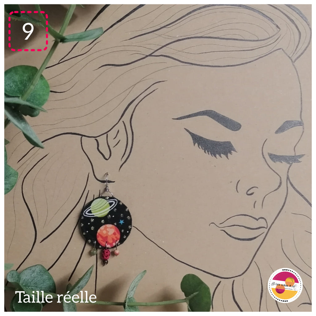 Boucles d’oreilles rondes pendantes en tissu et perles de minéraux - collection RONDO