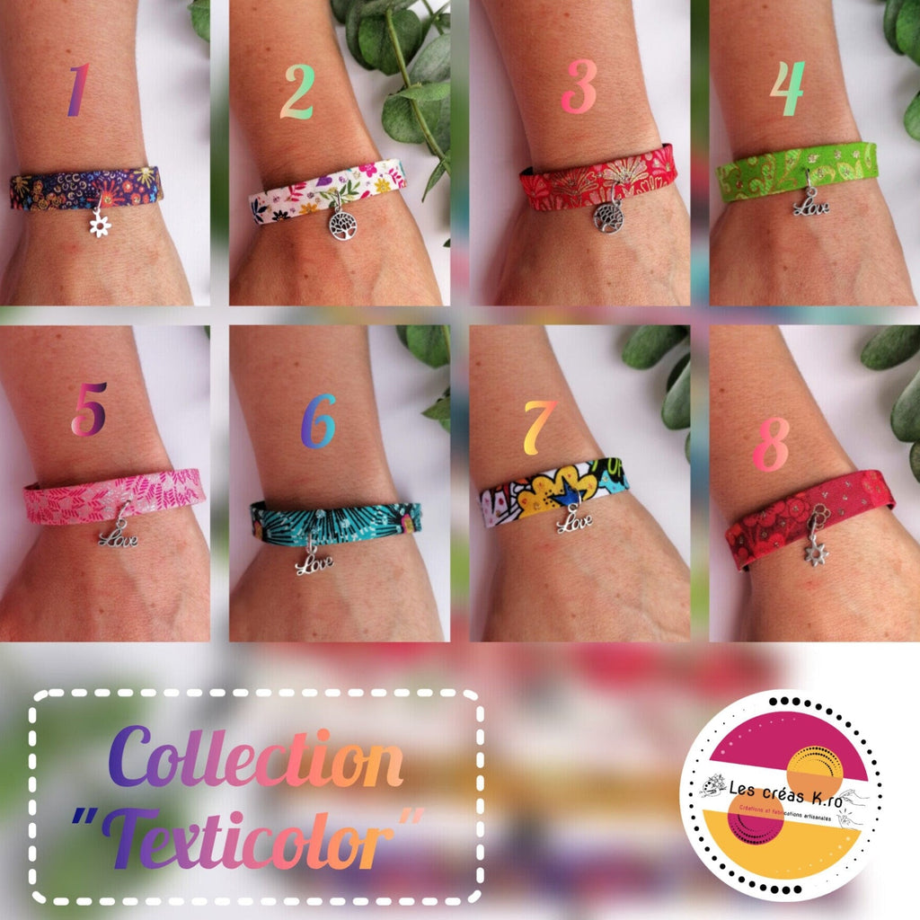 Bracelet en tissu ajustable - breloque arbre de vie, love ou fleurette - CARMANO by Les créas K.ro