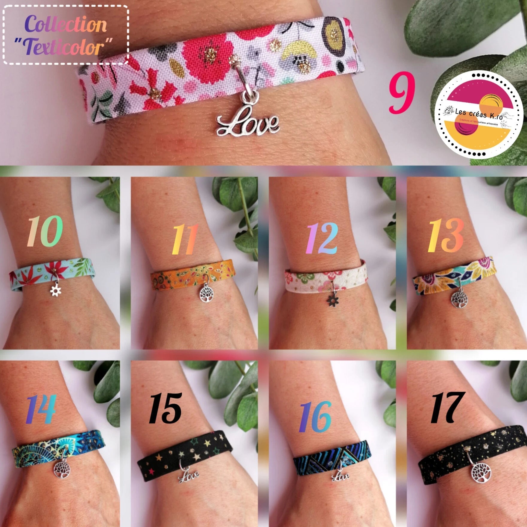 Bracelet en tissu ajustable - breloque arbre de vie, love ou fleurette - CARMANO by Les créas K.ro