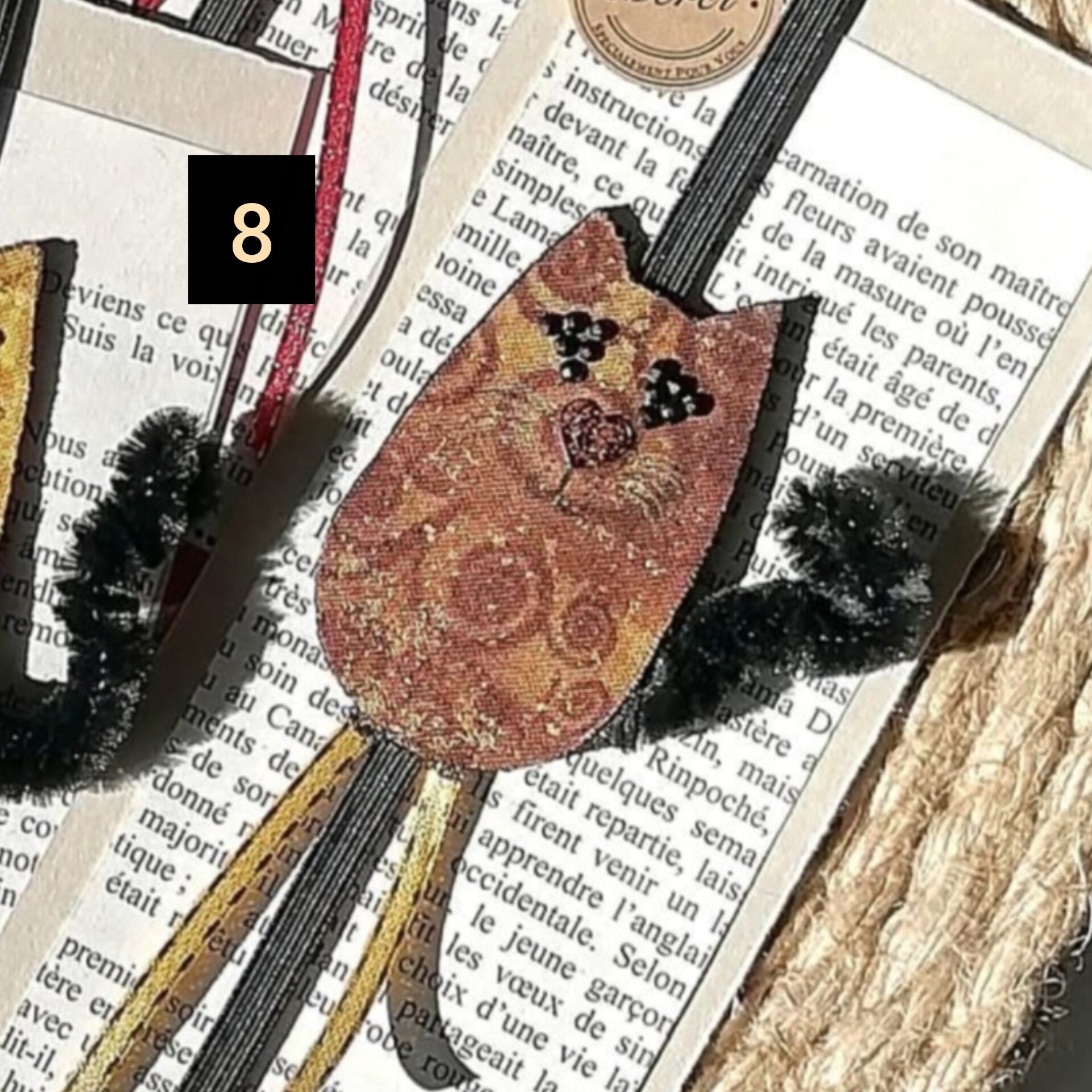 Marque - pages, signet élastique CHAT en tissu recyclé - CARMANO by Les créas K.ro