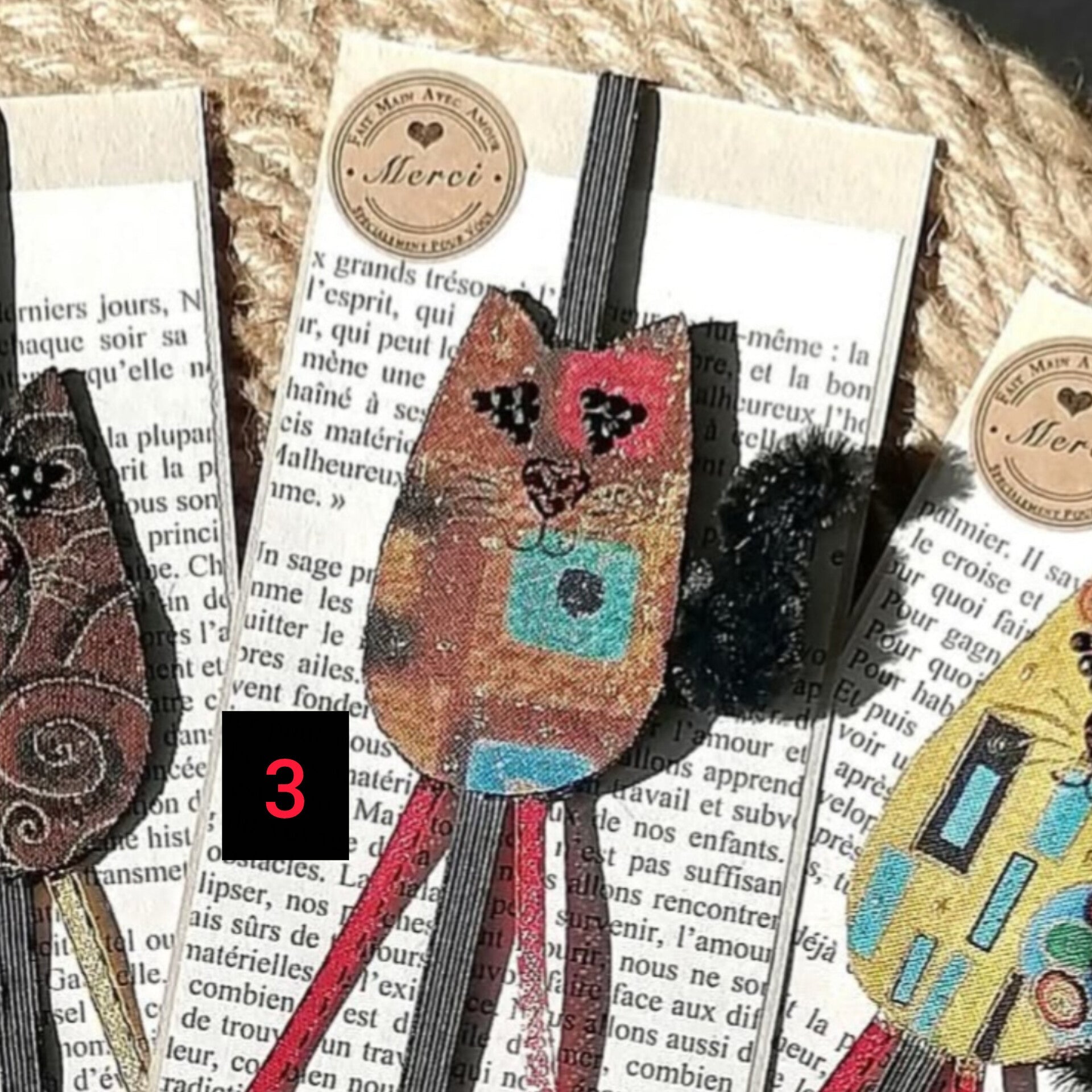 Marque - pages, signet élastique CHAT en tissu recyclé - CARMANO by Les créas K.ro