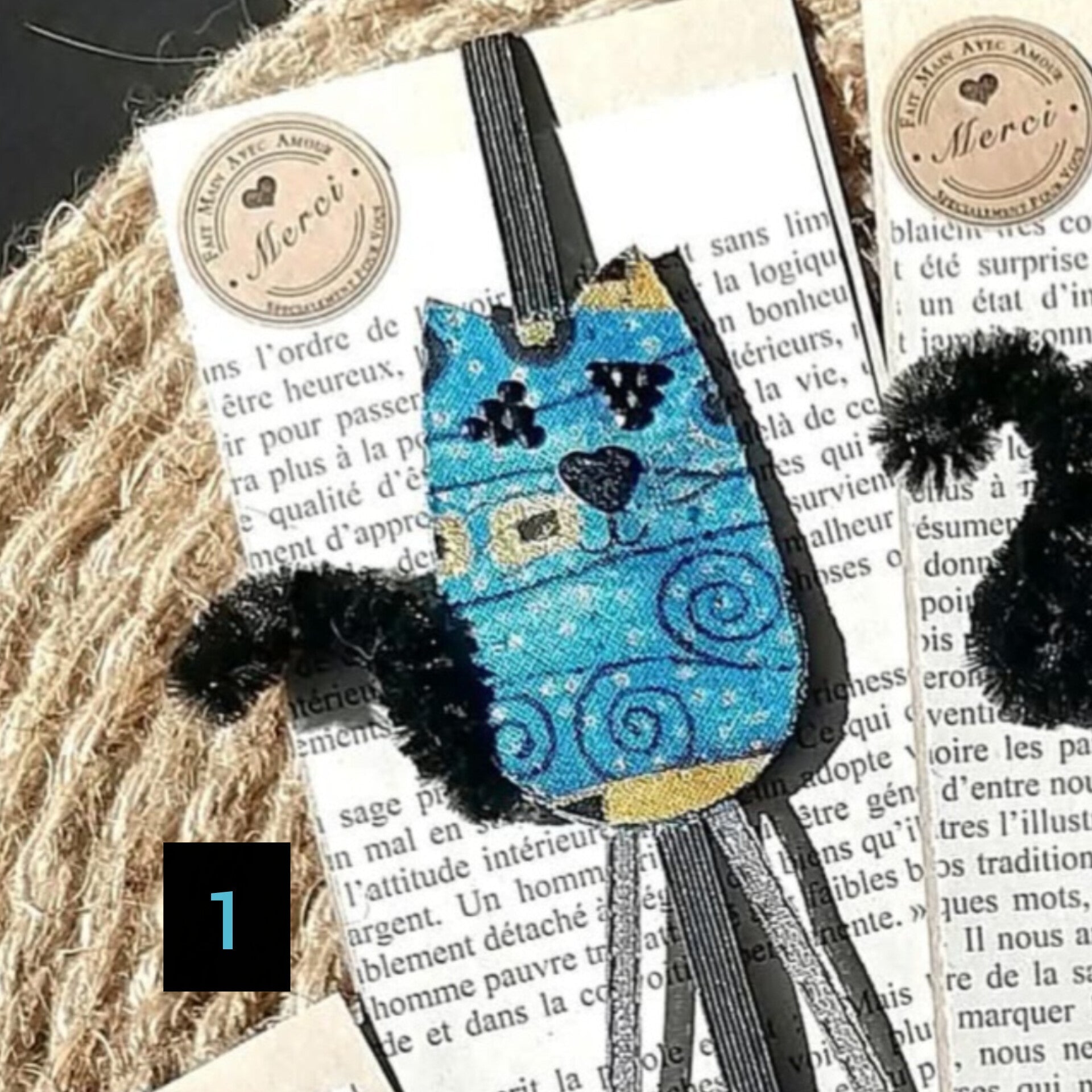Marque - pages, signet élastique CHAT en tissu recyclé - CARMANO by Les créas K.ro