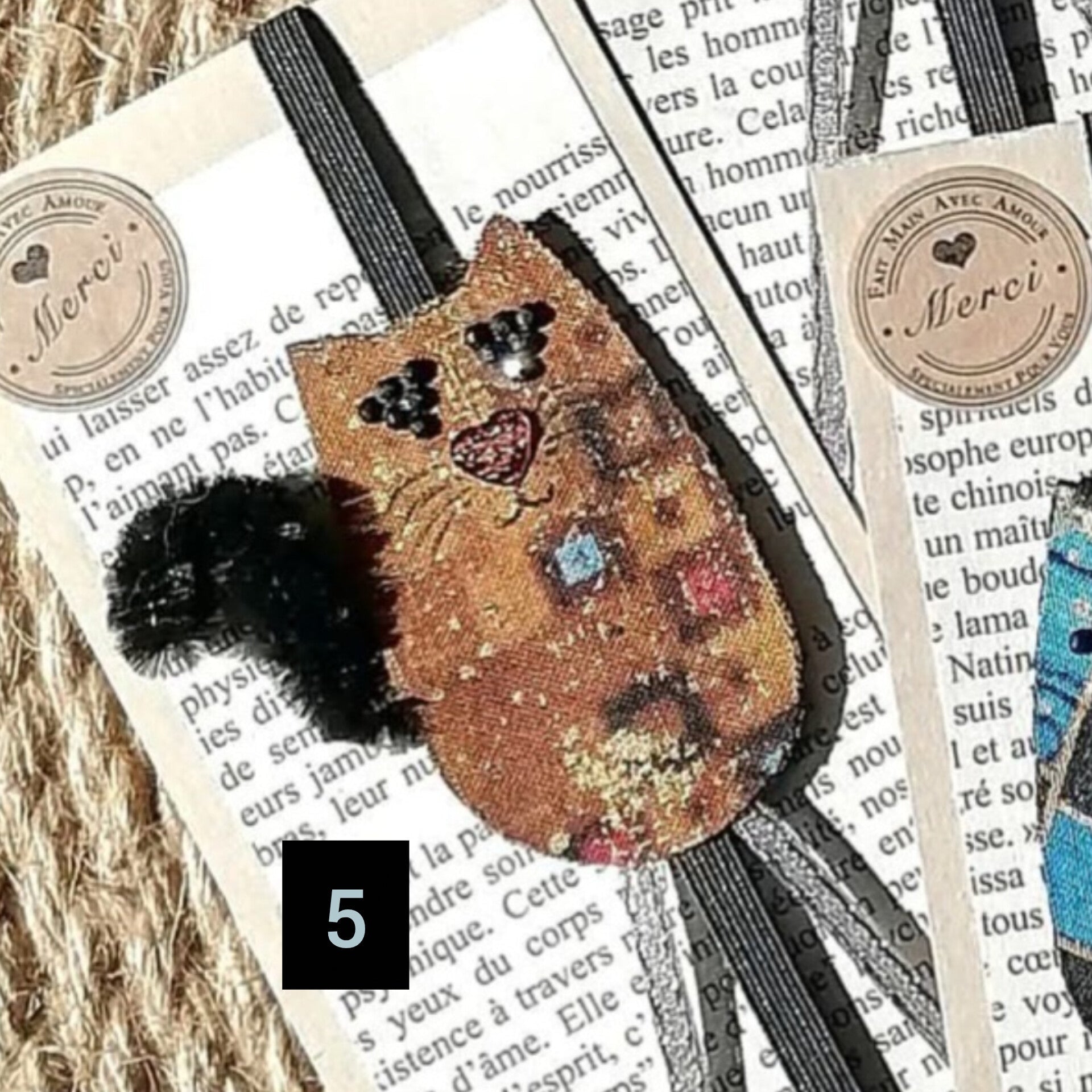 Marque - pages, signet élastique CHAT en tissu recyclé - CARMANO by Les créas K.ro