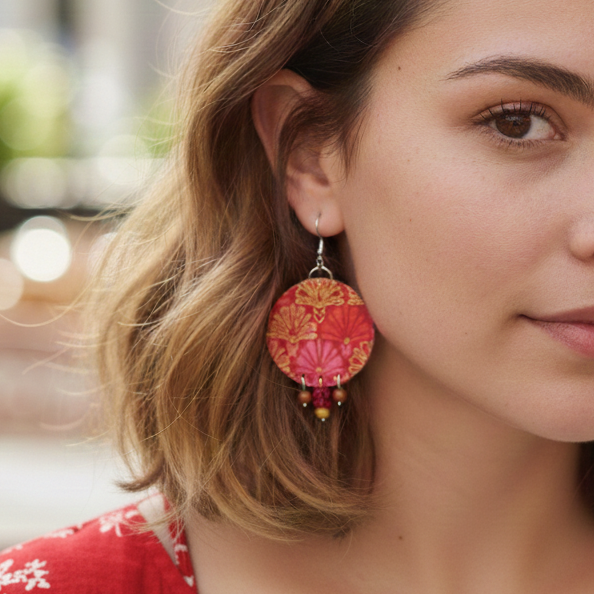 Boucles d’oreilles rondes pendantes en tissu et perles de minéraux - collection RONDO